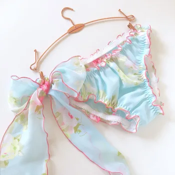 

Sexy pull off side open women's underwear retro Chinese style Hanfu Chiffon cotton crotch bandage bow girl