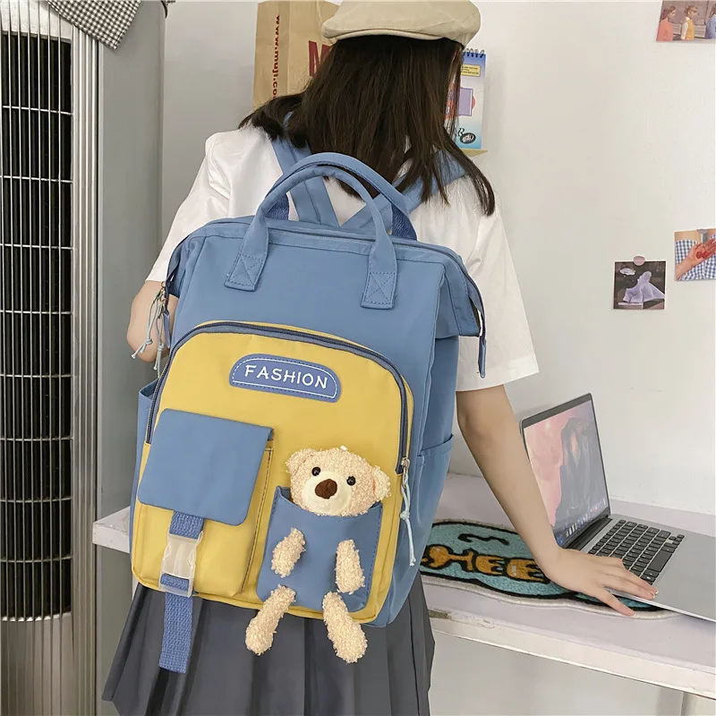 Kawaii Preppy Backpack Bear Nylon Bag Women Waterproof Candy Colors Backpacks High School Bags for Teenage Girl Travel Rucksack