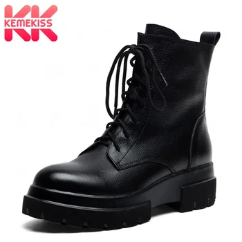 

KemeKiss Real Leather Women Ankle Boots Lacing Motorcycle Botas For Female Platform Fashion Round Toe Mujer Footwear Size 34-40