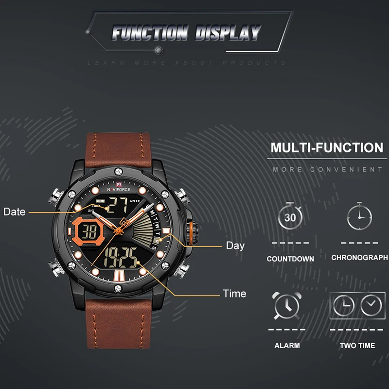 Новинка мужские часы NAVIFORCE кожа водонепроницаемые кварцевые s аналогово цифровые