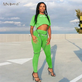 

Mnealways18 Bodycon Neon 2 Piece Set Women Sexy Matching Sets Reflective Letter Crop Tops Pencil Pants Green Casual Streetwar