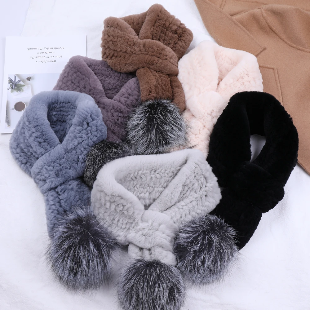 

Genuine Women's Rex Rabbit Fur Scarf Knitted Fur Scarves Girls Natural Fur Wraps Neck Warmer Silver Fox Fur Pom Poms Neckerchief