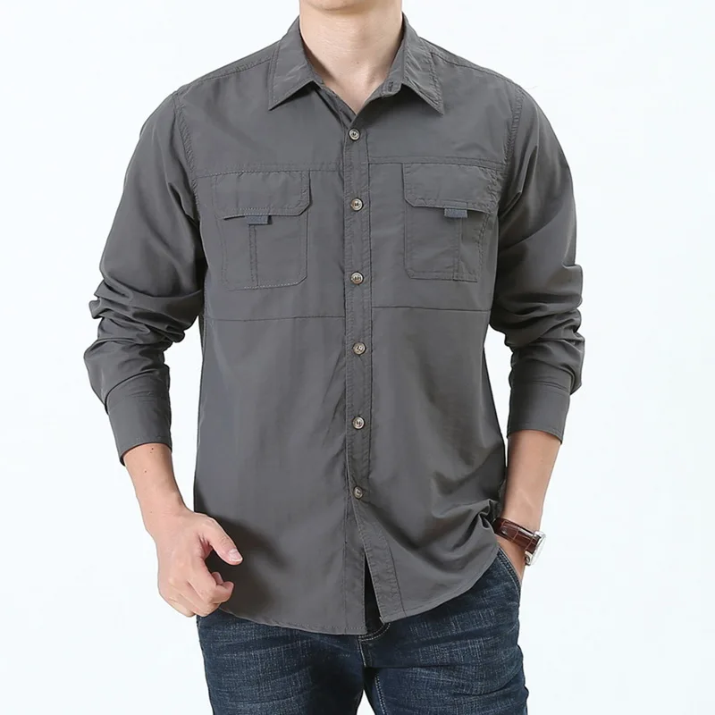 Oeak мужская рубашка-карго с длинным рукавом, однотонная тактическая рубашка Camisa Masculina, свободные быстросохнущие рубашки для прогулок, повседневный мужской топ