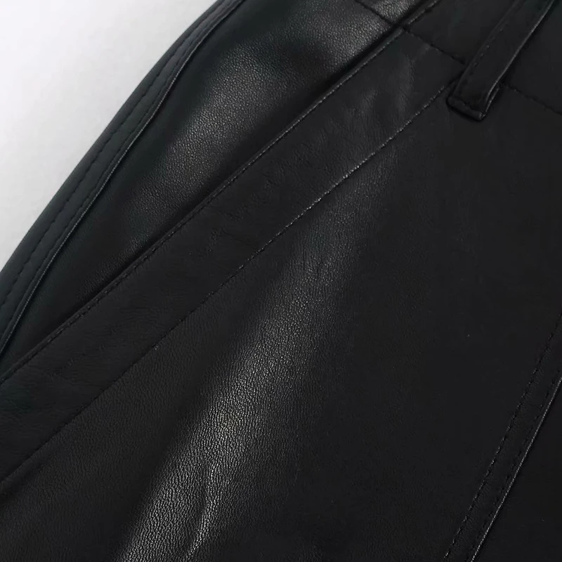 Kz990 европейские осенние весенние двойные карманы базовые черные брюки из искусственной кожи женские брюки из искусственной кожи
