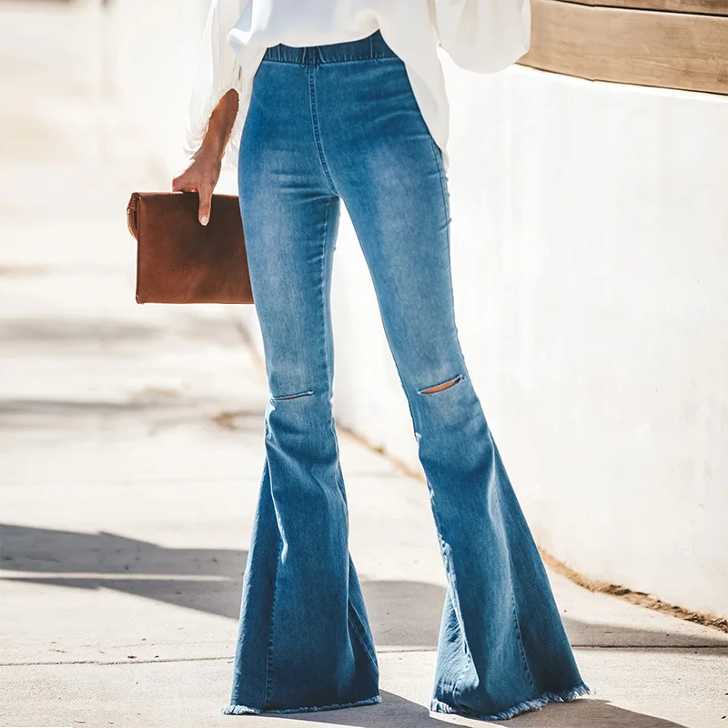 Новые модные повседневные женские винтажные Джинсы Расклешенные Стрейчевые джинсовые брюки женские с высокой талией повседневные брюки Широкие брюки