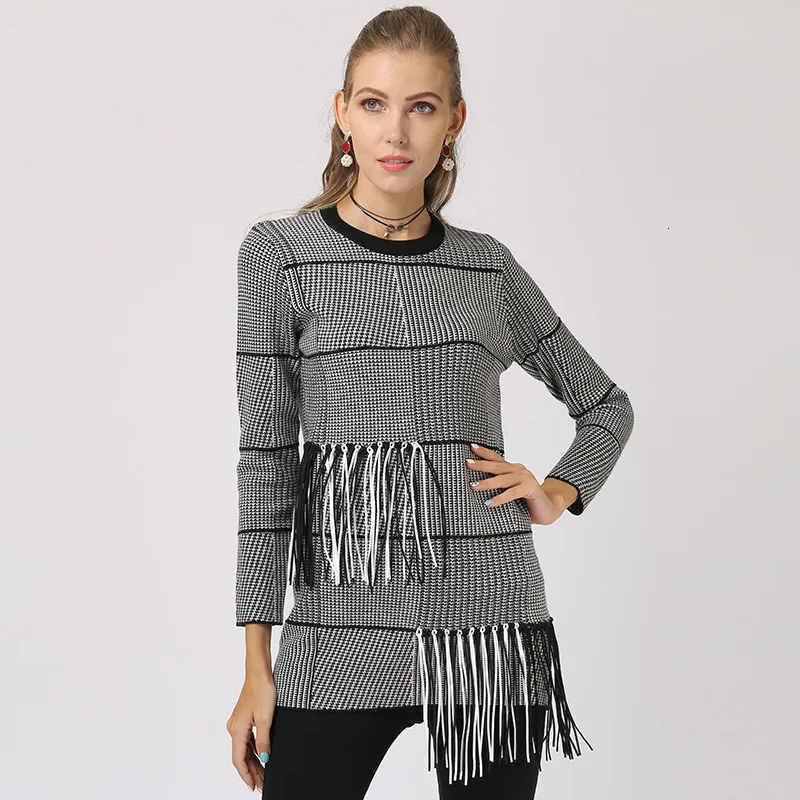 Autumn Winter Fashion Sweater Woman Striped Round Neck Tassels Knitting Pullovers Full Sleeve Ladies Slim Jumpers Sweter Damski