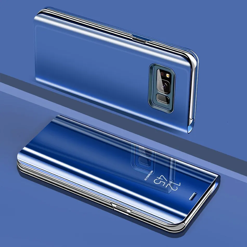 Умный зеркальный Флип Кожаные чехлы для samsung Galaxy J4 J6 J8 A7 A9 A6 A8 плюс J3 J5 J7 A3 A5 S6 S7 край Капа - Цвет: Blue