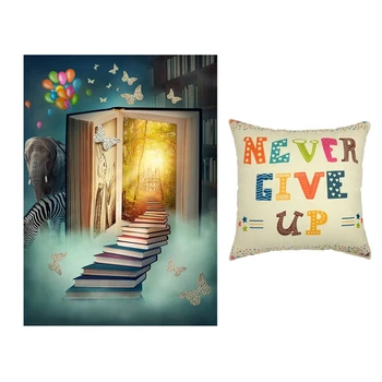 

2 Pcs Flax Square Decorative Throw Pillow Case Cushion Cover NEVER GIVE UP Fairy Tale Background for Photo Photography Backdrop