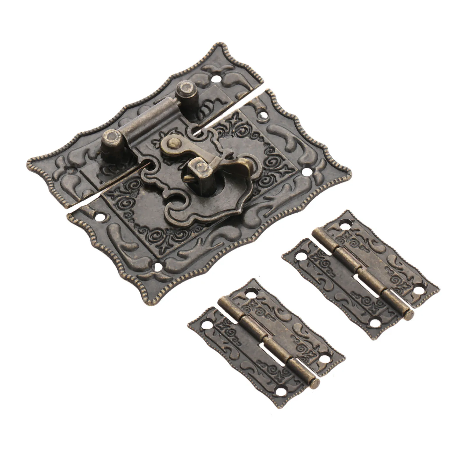 Box Latch Hasp Clasp 3pcs/set 67x56mm + Hinges w/screw Antique Bronze Alloy Jewelry Wood Case Cabinet Decor Vintage Old Chinese