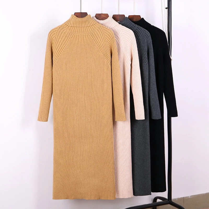 GIGOGOU женское платье-свитер большого размера с высоким воротом, длинное теплое осенне-зимнее женское платье, Свободные повседневные вязанные платья в рубчик