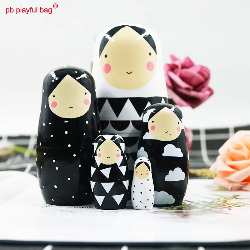 

PB Playful bag Five story Russian wooden dolls ins wind black and white toy set creative children's gifts home decoration HG132