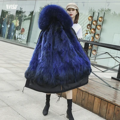 Новинка, модное женское пальто из натурального меха, толстовки с капюшоном из меха лисы, Длинные теплые парки из меха енота для женщин, большие размеры XXXL 3XL - Цвет: J 108cm