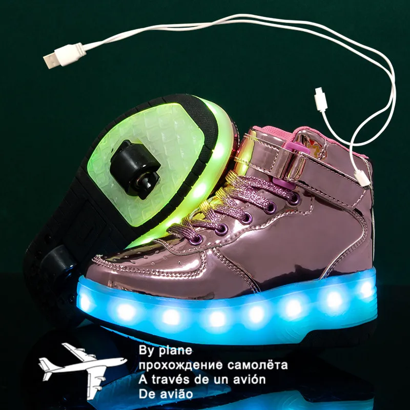 Boys Girls High-Top LED Light Up Double Wheels Roller Sneakers Skate Shoes 