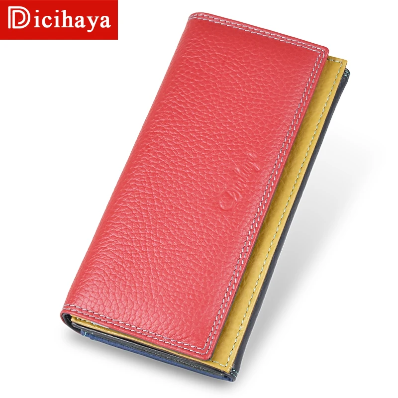 

DICIHAYA Genuine Leather Women Clutch Wallet Color Matching Female Coin Purse Long Phone Bag Card Holder Handy Passport Holder