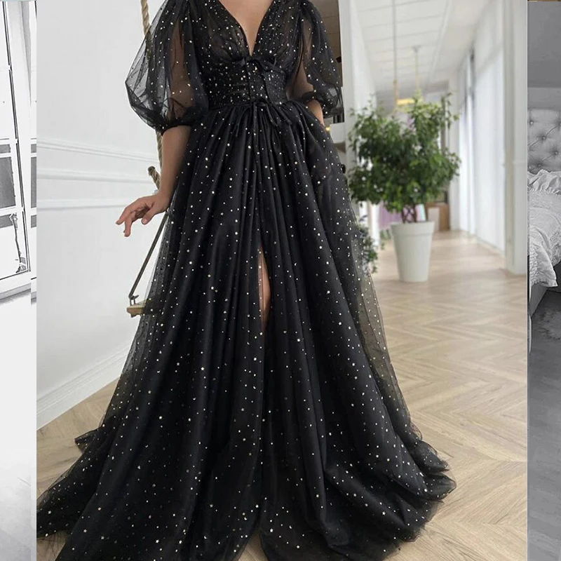 

Black Starry Evening Dress 2023 Sparkly A-Line V-Neck Puffy Half Sleeves Side Slit Pleat Tulle Sweep Train Party Prom Gown
