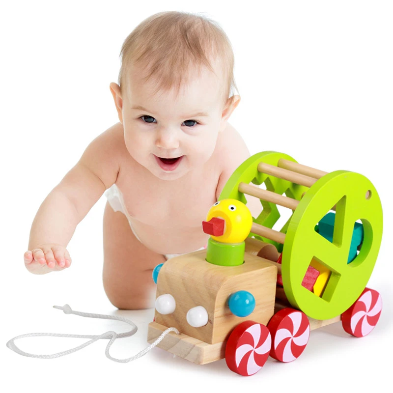 

Creative wooden rope drag animal building block toy baby early education geometry cognitive puzzle duck trailer wooden toy