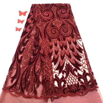 

Madison New Arrival Wine Fabric African Embroidery Cord Lace With Velvet Nigerian Wedding Velvet Lace