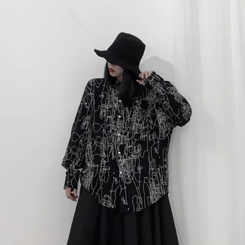 

[] Women pattern print big size long Blouse New Lapel Long Sleeve Loose Fit Shirt Fashion Tide Spring Autumn 2020 19A-a641
