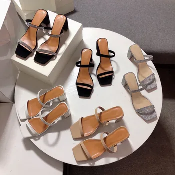 

Square Thick Heel Women Slippers Summer Outdoor Comfortable Ladies Sandals Thin Strap Mules Sandals Genuine Leather Shoes Women