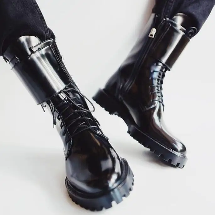 Женские ботинки до середины икры chaussure ботинки гладиаторские ботинки на среднем каблуке из блестящей искусственной кожи на шнуровке женская обувь zapatos mujer sapato H514