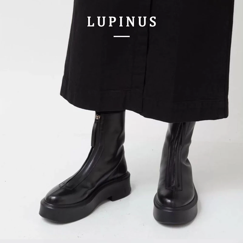 LUPINUS/2021 Модные женские ботинки на платформе Черные кожаные ботильоны массивном