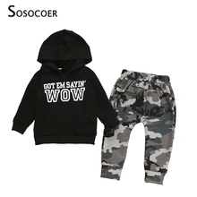 SOSOCOER/комплект одежды для мальчиков; Осенняя толстовка с капюшоном и длинными рукавами с буквенным принтом+ камуфляжные штаны; комплект из 2 предметов; комплекты одежды для малышей