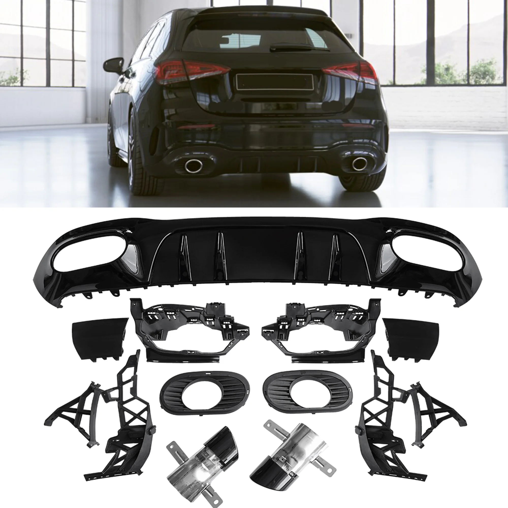 

For Mercedes Benz W177 Hatchback A35 AMG A Class 2019 2020+ Rear Bumper Lip Diffuser Muffler Exhaust Tip Splitter Spoiler Fin