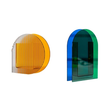 

2 Pcs Acrylic Flower Vase Make-Up Brush Pen Holder Hydroponic Flower Hotel Vase-Blue + Green & Striped Orange