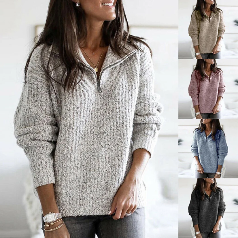 

Women's Knitted Sweater Autumn Winter 2020 Zipper Cotton Pullover Female Clothing Casual Loose Long Sleeve Ladies Europe Tops