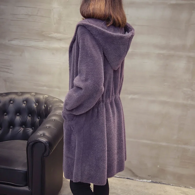 Осень и зима новая имитация воды норковая бархатная куртка Женская Корейская версия с капюшоном свободная длинная норка свитер пальто утолщение