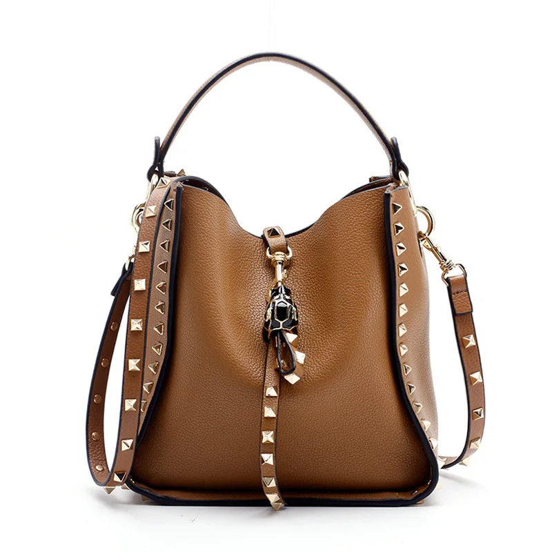 Женская Роскошная сумка из натуральной кожи от известного бренда, сумки через плечо с заклепками, женские дизайнерские сумки через плечо, повседневные сумки-тоут