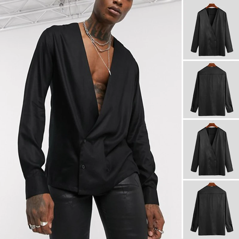 2020 Men Shirt Fashion Chic Deep V Neck Double Breasted Camisa Funk Hombre Long Sleeve Solid Casual Streetwear Sexy Blouse S-5XL