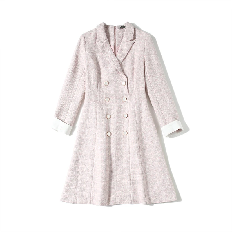 

Autumn Women Tweed Suit Skirt Pink Dress Long Sleeve The Waist Show & Thin Temperament Office Party A-Line