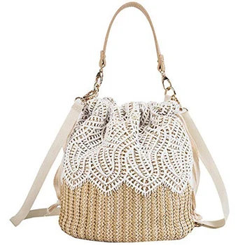 

Women Lace Flower Straw Handbag Tote Summer Holiday Woven Bucket Bag Shoulder Bag Crossbody Bag,Leaf