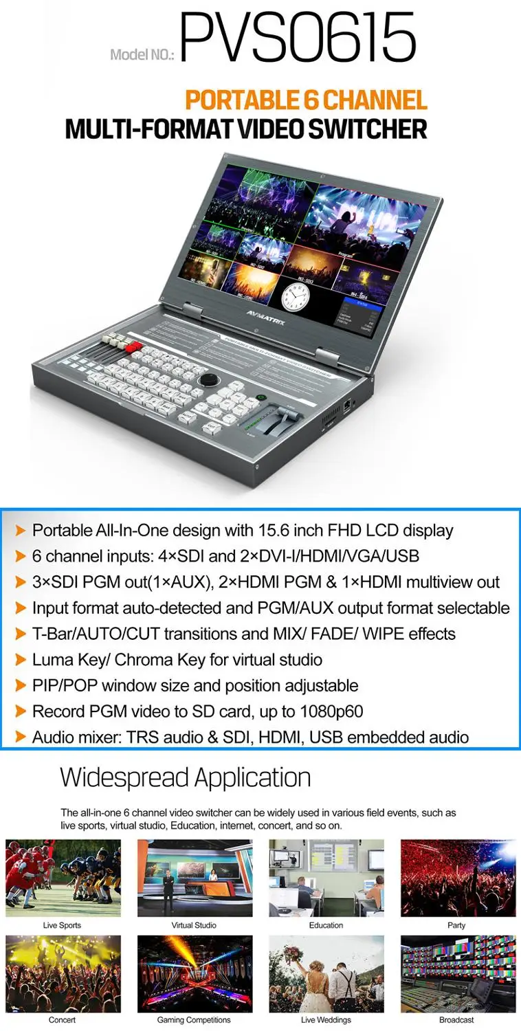 Avmatrix PVS0615 Portable 6 Channel Multi-Format Video Switcher SDI HDMI Mixer With 1080p Record