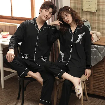 

2020 Spring Autumn Cartoon Couple 100% Cotton Pajama Sets for Women Long Sleeve Sleepwear Men Loungewear Homewear Home Clothes