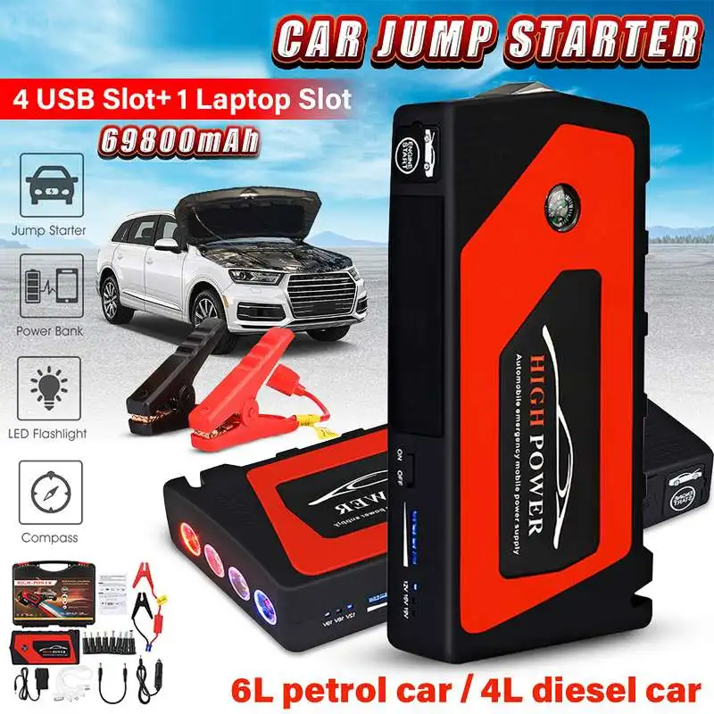 

Portable Car Emergency Starter Dustproof Waterproof Large Capacity Car Mobiles Powers With 4LED Emergency Flash With Kit 69800Ma