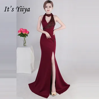 

Burgundy Formal Dress It's Yiiya DX388 Cut-out Floor-Length Mermaid Robe De Soiree Sleeveless Halter Collar Dresses Woman Party