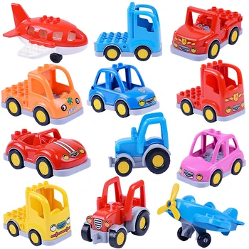

Classic City Cartoon Car Figures Toy Trailer Truck Tractor Airplane Model Building Block City Children Educational Toys Gift