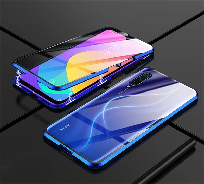 Магнитный металлический бампер чехол для Xiaomi mi 9 lite закаленное стекло Передняя Задняя крышка для Xiaomi mi 9 mi 9 se mi 9t pro Чехол - Цвет: blue