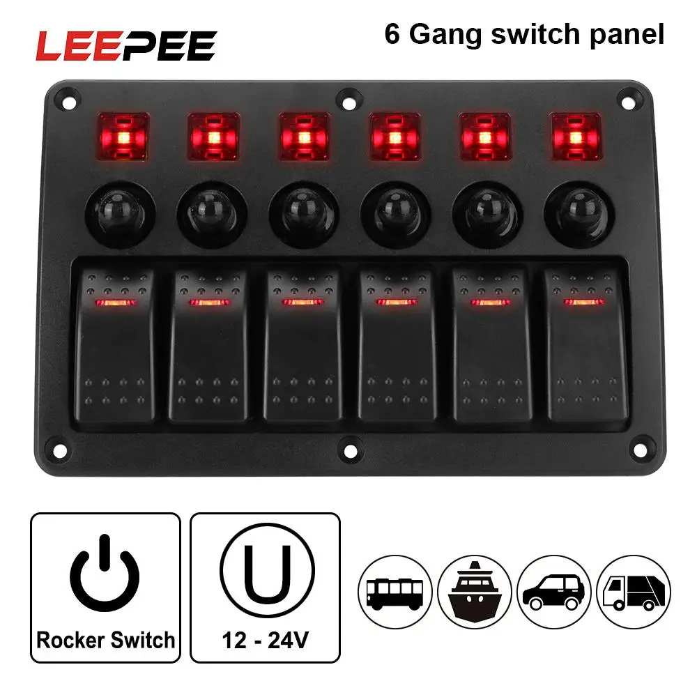 6 Gang Marine Rocker Switch Panel with Sticker 1224V LED Light