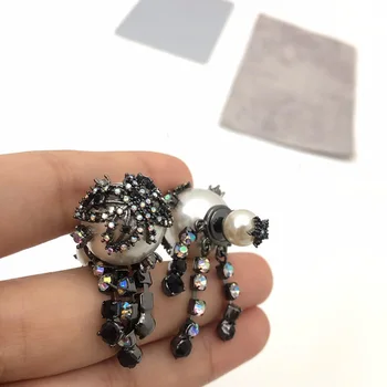 

Hot Fashion Accessory New Retro Fringe Black Rhinestone-Size Pearl Stud Earrings For Women's Party Jewelry