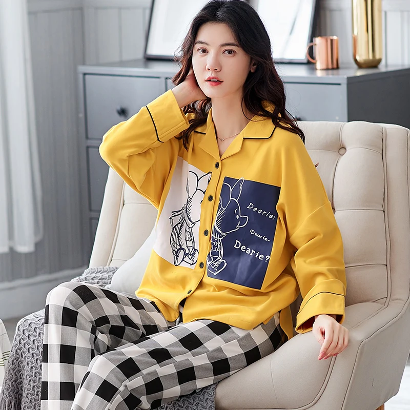 

Cotton Spring Nighty Plus Size 3XL Pajama Set Women Sleepwear Lapel Loose Version Intensification Pyjamas Fall Nightgown