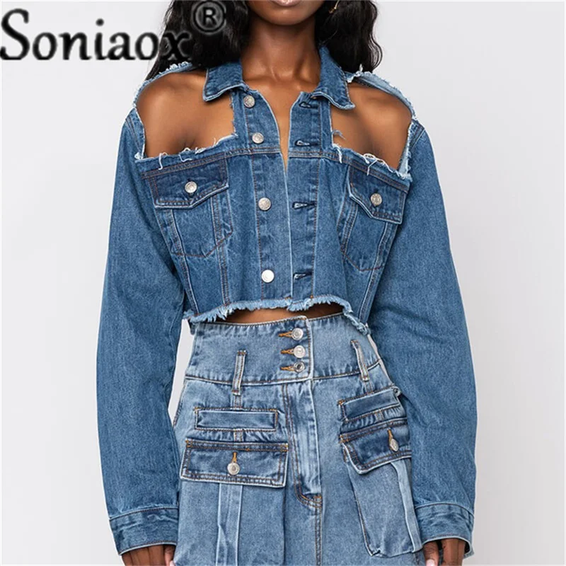 2021 New Ripped Off Shoulder Denim Jacket Women Sexy Long Sleeve Short Clothing Solid Party Club Wear Casual Streetwear Jacket