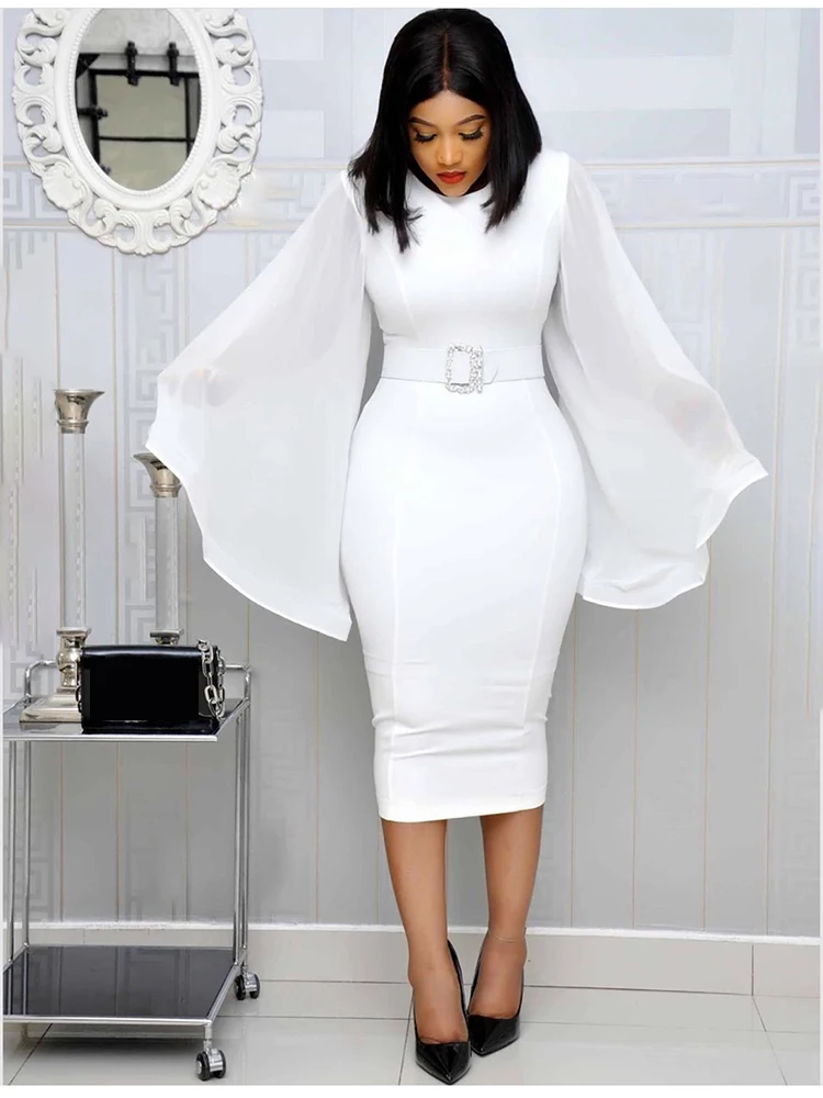 Elegant African Dresses For Women Big Flared Sleeves Diamond Belt Bazin Sexy Slim Pencil Dress Fashion Lady Nigeria Party Daily african attire for women