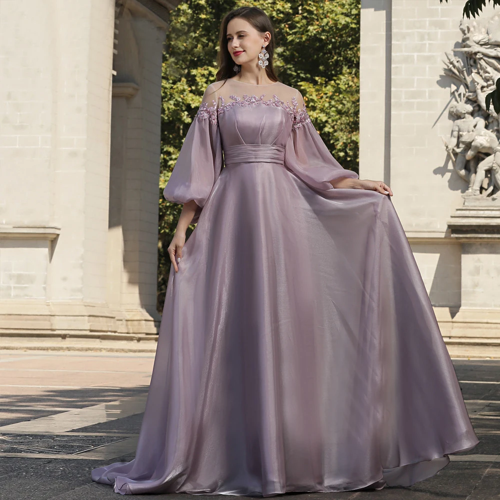 

Elegant Pink Soft Satin O Neck Long Evening Dress With Puffy Sleeves A Line Lace Prom Party Gown Robe De Soiree vestidos