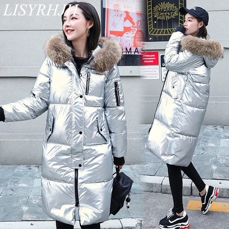 High Quality Solid Fur Metallic Colored Bright Jacket With Hooded Coat For Women Winter Warm Cotton Soft Long Parks New Bomber