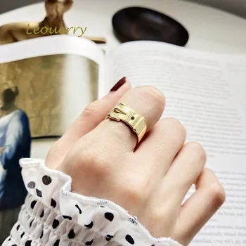 

Leouerry New 925 Sterling Silver Golden Belt Buckle Rings Fashion Big Glossy Geometry Opening Rings for Women Silver 925 Jewelry