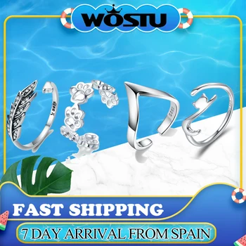 

WOSTU 100% 925 Sterling Silver Sticky Cat with Long Tail Finger Ring Women Ring Adjustable Engagement Ring Jewelry