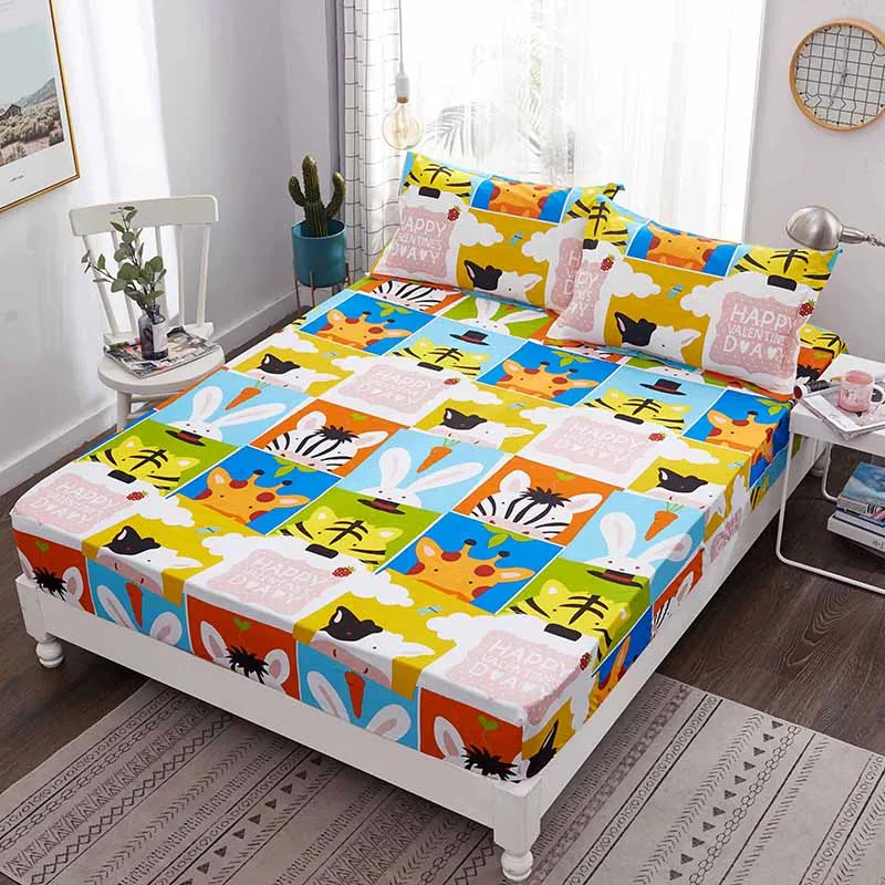

1pc Cartoon Square Animals Big Head Pattern Fitted Sheet with Elastic Band 100% Cotton Fabric Mattress Cover Kids Room Bed Sheet